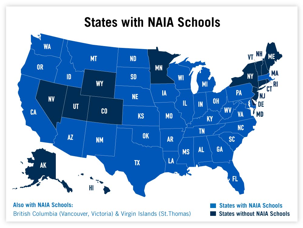 A map of states with NAIA schools and without NAIA schools