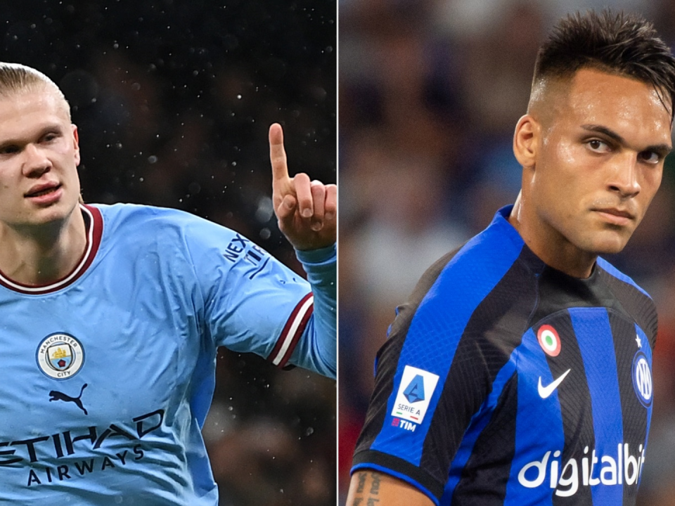 Erling Haaland of Man City and Lautaro Martinez of Inter split